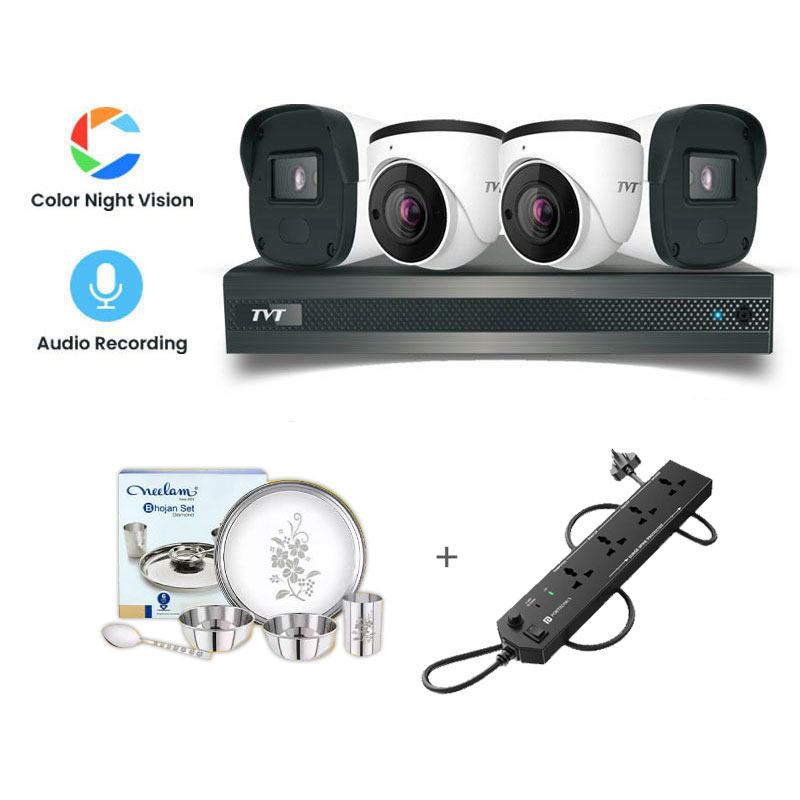 Picture of TVT 4 CCTV Cameras Combo (2 Indoor & 2 Outdoor CCTV Cameras) (Colour View With Mic) 👨🏻‍🔧 With CCTV Installation + 4CH DVR + HDD + Accessories + Power Supply + 90m Cable + Neelam Dinner Set + Power Strip 